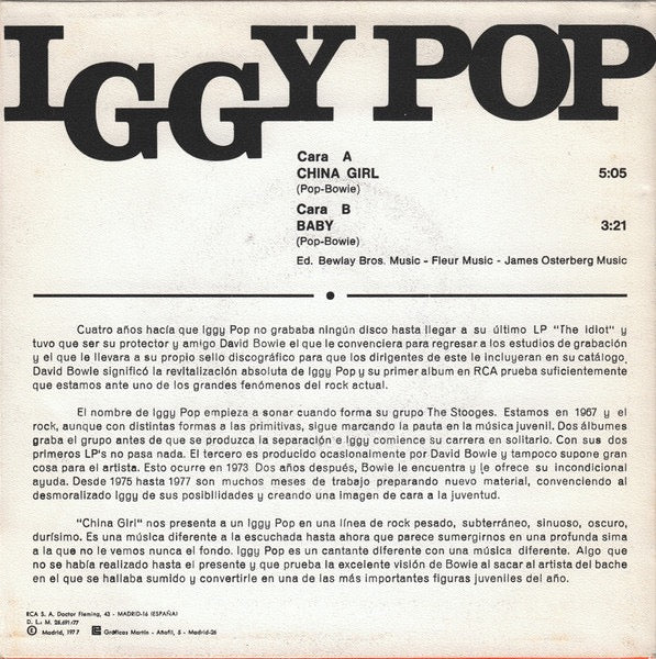 Image of Back Cover of 7" - VG+/VG+ - IGGY POP, China Girl / Baby (RCA Victor; PB 9093, Spain 1977, Picture Sleeve), Strong VG+,  - 4226125E