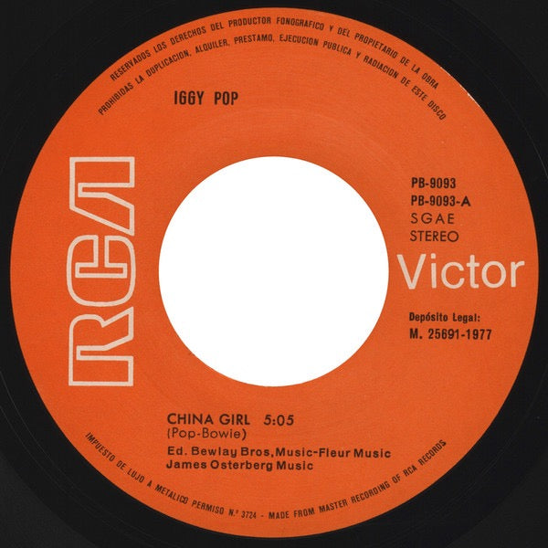 Image of Label Cover of 7" - VG+/VG+ - IGGY POP, China Girl / Baby (RCA Victor; PB 9093, Spain 1977, Picture Sleeve), Strong VG+,  - 4226125E
