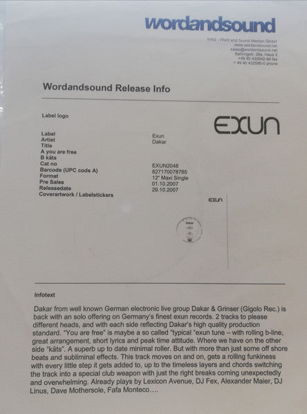 Image of Front Cover of 12" - /VG - DAKAR, You Are Free (Exun; exun2048, Germany 2007), pen on label. press release attached to sleeve,  - 4246250S