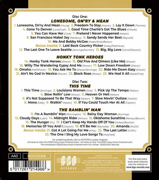 Image of Back Cover of CD - VG+/ - WAYLON JENNINGS, Lonesome, On�ry & Mean/Honky Tonk Heroes/This Time/The Ramblin� Man (BGO Records; BGOCD1496, UK 2023, Card Slipcase with Jewel Case inside), ,  - 4236082E