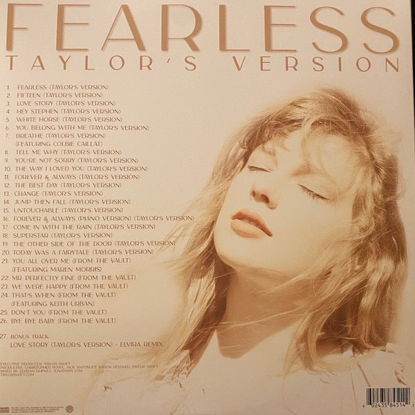 Image of Back Cover of 3xLP - VG/VG - TAYLOR SWIFT, Fearless (Taylor's Version) (Republic Records; B0033582-01, US 2021, Triple Gatefold, Opaque Red ), Side D has lots of light marks. Sleeve has a small stain & is slightly worn.,  - 4216313C