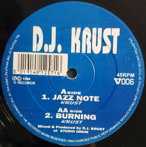 Image of Front Cover of 12" - /VG - D.J. KRUST, Jazz Note / Burning (V Recordings; V006, UK 1994, Plain Sleeve), ,  - 4226154E