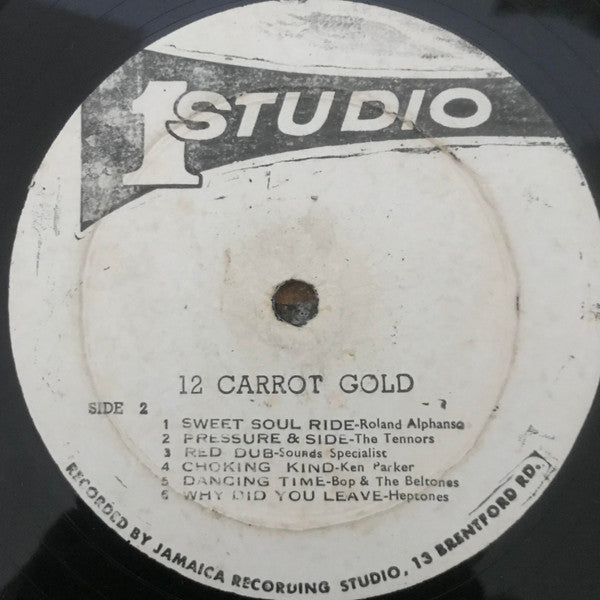 Image of Front Cover of LP - VG/VG - VARIOUS ARTISTS, 12 Carat Gold (Studio One; , Jamaica 1974, Crocodile Skin Textured Sleeve), Disc is clean, a few light marks, S1 press imperfections, light background. Clean labels. Extremely rare De Luxe version on "crocodile skin" textured cover; green with yellow background. Looks very nice, small 'x" annotations on tracklist at the back.,  - 4246252S