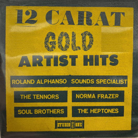 Image of Front Cover of LP - VG/VG - VARIOUS ARTISTS, 12 Carat Gold (Studio One; , Jamaica 1974, Crocodile Skin Textured Sleeve), Disc is clean, a few light marks, S1 press imperfections, light background. Clean labels. Extremely rare De Luxe version on "crocodile skin" textured cover; green with yellow background. Looks very nice, small 'x" annotations on tracklist at the back.,  - 4246252S