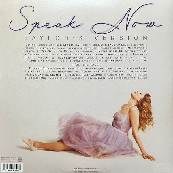 Image of Back Cover of 3xLP - VG+/VG+ - TAYLOR SWIFT, Speak Now (Taylor's Version) (Republic Records; 2448438096, Worldwide 2023, Gatefold, 3 Inners, Lilac Marbled Vinyl), ,  - 4216314C