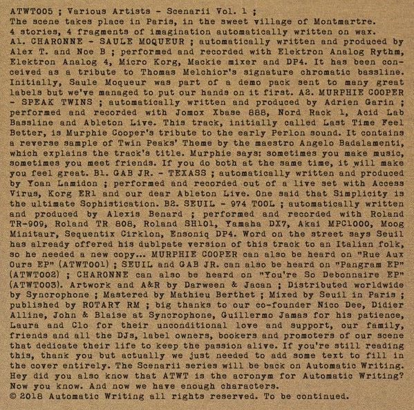 Image of Front Cover of 12" - VG+/G+ - VARIOUS, Scenarii Vol. 1 (Automatic Writing; ATWT005, France 2018, Picture Sleeve), Lots of faint hairlines. Plays VG.,  - 4216336C