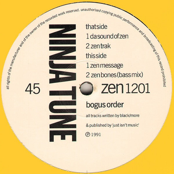 Image of Front Cover of 12" - VG+/VG+ - BOGUS ORDER, Da Sound Of Zen EP (Ninja Tune; zen 1201, UK 1990, Stickered Company Sleeve), stickered yellow ninja tune sleeve. pen on labels,  - 4246264S