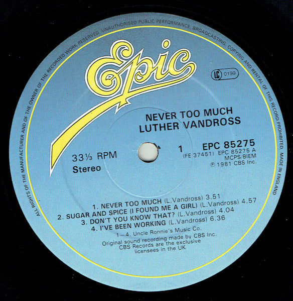 Image of Label Cover of LP - VG+/EX - LUTHER VANDROSS, Never Too Much (Epic; EPC 85275, UK 1981), Lightest wear to sleeve with light ringwear.,  - 4246195S
