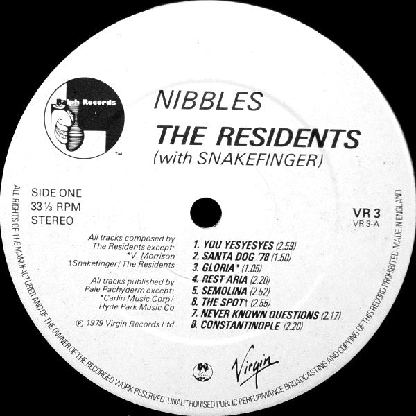 Image of Label Cover of LP - VG/VG - THE RESIDENTS, Nibbles (Virgin; VR3, UK 1979), Edge Wear Ring Wear, Stickered Sleeve, Sticker Damage,  - 4246228S