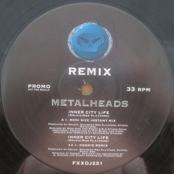 Image of Front Cover of 12" - /G+ - METALHEADS, Inner City Life (Roni Size / Nookie Remixes) (FFRR; FXXDJ 251, UK 1995, Plain Sleeve), Felt tip on label., A Inner City Life (Roni Size Mix)B Inner City Life (Nookie Remix) - 4226246E