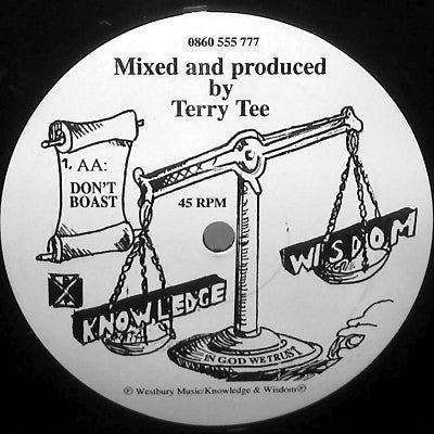 Image of Back Cover of 12" - /G - TERRY TEE, Don't Boast / Honey Love (Knowledge & Wisdom Records; KW 001 / BISH 001, UK 1994, Plain Sleeve), B-side has a mark that causes an audible click for approx 30 secs towards the end.,  - 4226248E