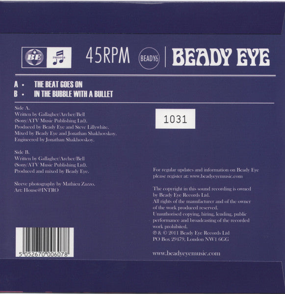Image of Back Cover of 7" - VG+/VG+ - BEADY EYE, The Beat Goes On (Beady Eye Records; BEADY6, UK 2011, Numbered, Limited Edition), No. 1175.,  - 4216233C