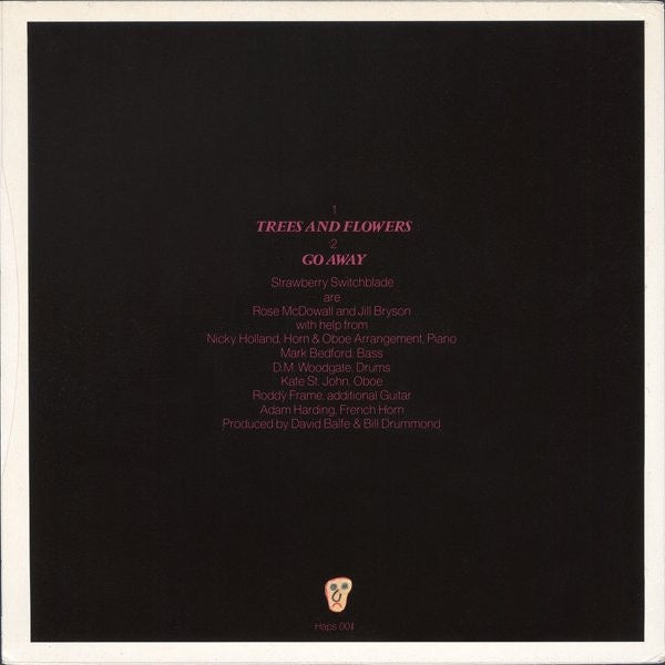 Image of Back Cover of 7" - G+/VG - STRAWBERRY SWITCHBLADE, Trees And Flowers / Go Away (Ninety-Two Happy Customers ; Haps 001, UK 1983, Picture Sleeve), Water Damage To Sleeve,  - 4226104E