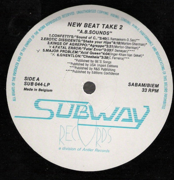 Image of Label Cover of LP - VG/VG+ - VARIOUS, New Beat - Take 2 (Subway; Subway 044, Belgium 1988), Edge and ring wear. Minor wear to disc.,  - 4246117S