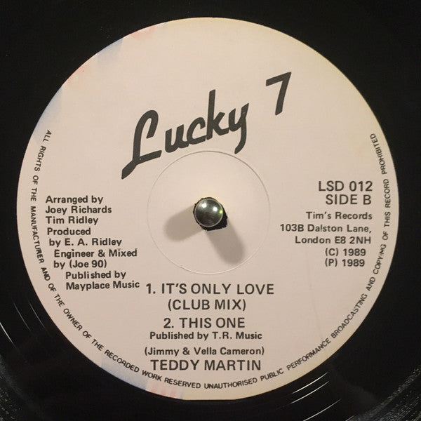 Image of Back Cover of 12" - /VG+ - TEDDY MARTIN, It's Only Love (Lucky 7; LSD 012, UK 1989), Very minor mark on b2 which does not affect play. Really clean copy.,  - 4246288S