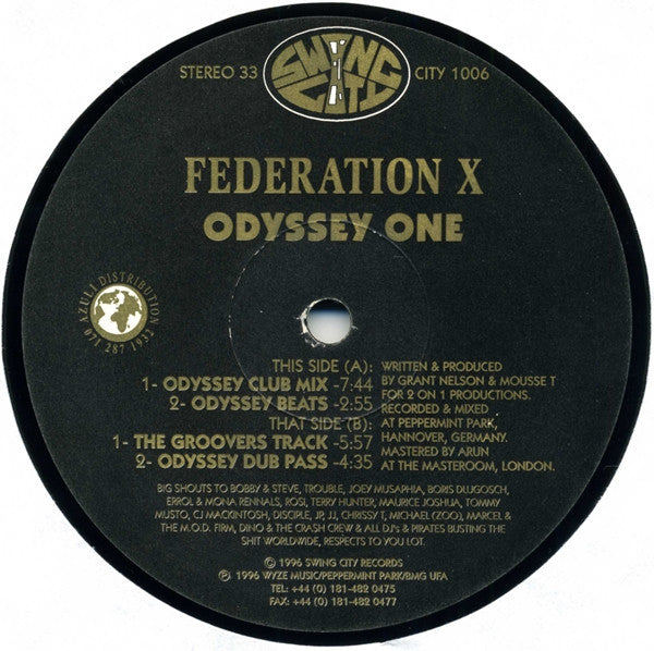 Image of Front Cover of 12" - /VG - FEDERATION X, Odyssey One (Swing City Records; CITY 1006, UK 1996), ,  - 4246324S