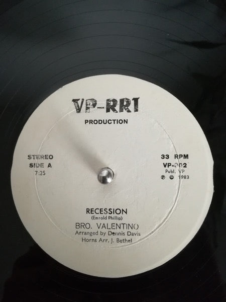 Image of Front Cover of 12" - /VG - BRO. VALENTINO, Recession / Down With The C.B.I. (V.P. Music; VP-002, Trinidad & Tobago 1983, Plain Sleeve), Strong VG, plays above grade. WOL.,  - 4226258E
