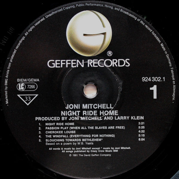 Image of Label Cover of LP - VG/VG - JONI MITCHELL, Night Ride Home (Geffen Records; 9 24302 1, Europe 1991, Gatefold, Inner), couple of light scratches, edge wear, laminate missing from previous sticker,  - 4246198S