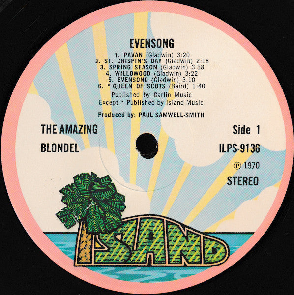 Image of Label Cover of LP - VG/VG+ - THE AMAZING BLONDEL, Evensong (Island Records; ILPS 9136, UK 1970, Gatefold), Edge Wear,  - 4246334S