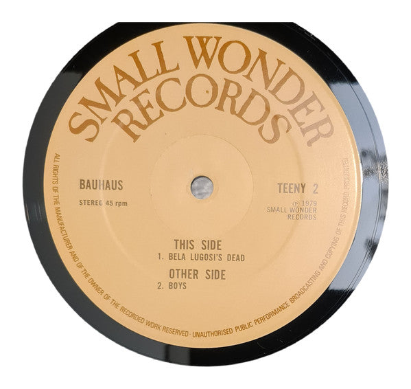 Image of Label Cover of 12" - VG/G+ - BAUHAUS, Bela Lugosi's Dead (Small Wonder Records; TEENY 2, UK 1980 Reissue, Spineless Flipback Sleeve, Black Vinyl Lyntone Pressing. LYN/LYN Runouts), Lots of marks but all fine and light.,  - 4216364C