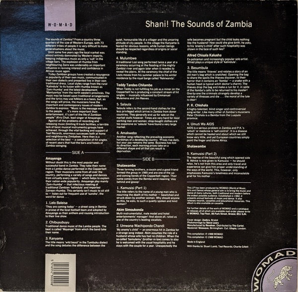Image of Back Cover of LP - VG/VG+ - VARIOUS, Shani! The Sounds Of Zambia (WOMAD Records; WOMAD 009, UK 1988), ,  - 4216393C