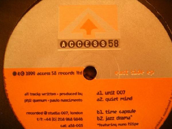 Image of Label Cover of 12" - G+/G - ACCESS 58, East Side EP (Access 58; a58-005, UK 1999, Stickered Plain Sleeve), Plays well despite marks. Sleeve worn and damaged at edges / corners, stains and scuffs, A1	Unit 007A2	Quiet MindB1	Time CapsuleB2	Jazz Drama - 4216399C