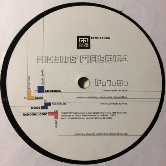 Image of Front Cover of 2x12" - /G+ - VARIOUS, Aktive Matrix V.1.0 (Matrix Musik; 12TRIX102, Slovenia 1997), Conservatively graded, A1	Amderma ‚Äì Plastic TeethA2	Clox ‚Äì Krash SiteB1	Moob ‚Äì DuodenumB2	Random Logic‚Äì AnimoC1	Anorak ‚Äì IntroductionC2	Ham & Eggs ‚Äì Amy GrantD1	Clox ‚Äì KoversadaD2	Channel Klirr ‚Äì Spilt Monday - 4216401C