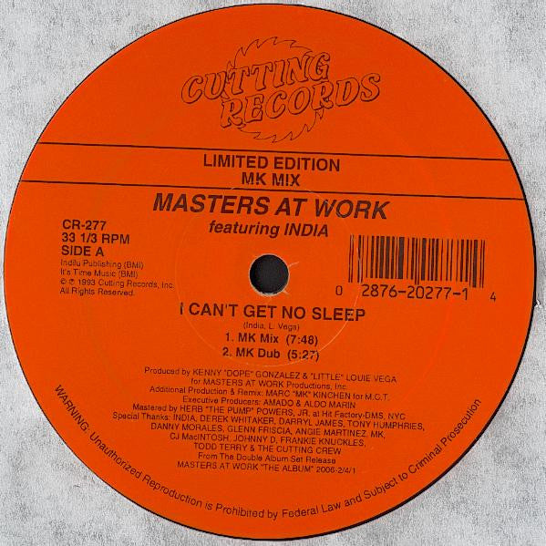Image of Front Cover of 12" - /VG - MASTERS AT WORK FEATURING INDIA, I Can't Get No Sleep / All That (Cutting Records; CR-277, US 1993), ,  - 4246320S