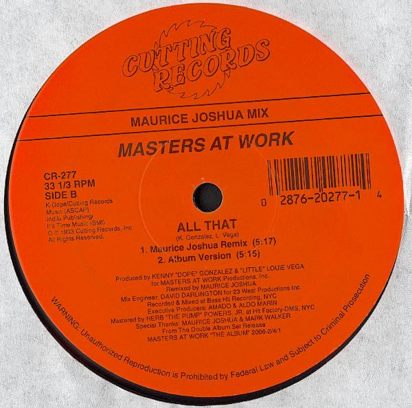 Image of Back Cover of 12" - /VG - MASTERS AT WORK FEATURING INDIA, I Can't Get No Sleep / All That (Cutting Records; CR-277, US 1993), ,  - 4246320S