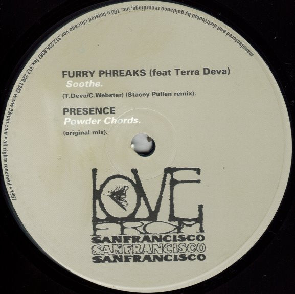 Image of Front Cover of 2x12" - G+/VG - FURRY PHREAKS / PRESENCE, Remixes (Love From San Francisco; L.F.S.F.007, US 1997, Stickered Plain Sleeve), Records very slightly dished. Sleeve has heavy creasing, A1 Furry Phreaks � Soothe (Stacey Pullen Remix)A2 Presence � Powder Chords (Original Mix)B1 Furry Phreaks � Soothe (Wamdue Kids Remix)B2 Presence � My Baby (Freaky Chakra Remix)C1 Furry Phreaks � Want Me (Like Water) (Nail Remix)C2 Furry Phreaks � Gonna Find A Way (Herbert Remix)D1 Furry Phreaks