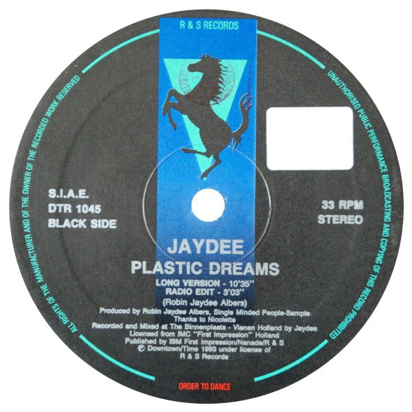 Image of Front Cover of 12" - /G+ - JAYDEE, Plastic Dreams (Downtown; DTR 1045, Italy 1993, Plain Sleeve), Lots of light marks on either side of record,  - 4246322S