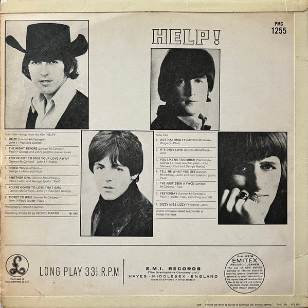 Image of Back Cover of LP - G+/G+ - THE BEATLES, Help! (Parlophone; PMC 1255, UK 1965, Laminated G&L Flipback Sleeve, KT Tax Code Side 1, Serif Labels), Edge and ring wear, minor scuffs and marks. Hairlines and a couple feelable marks on disc.,  - 4246341S