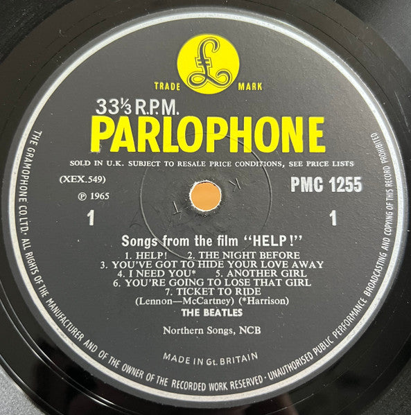 Image of Label Cover of LP - G+/G+ - THE BEATLES, Help! (Parlophone; PMC 1255, UK 1965, Laminated G&L Flipback Sleeve, KT Tax Code Side 1, Serif Labels), Edge and ring wear, minor scuffs and marks. Hairlines and a couple feelable marks on disc.,  - 4246341S
