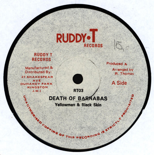 Image of Front Cover of 12" - /VG+ - YELLOWMAN & BLACK SKIN, Death Of Barnabas (Ruddy T Records; RT03, Jamaica 1982), ,  - 4246359S