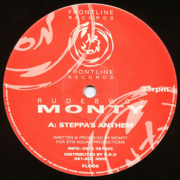 Image of Front Cover of 12" - /VG - RUDE BWOY MONTY, Steppa's Anthem / Rukas (Frontline Records; FLOO6, UK 1995, Plain Sleeve), ,  - 4226318E