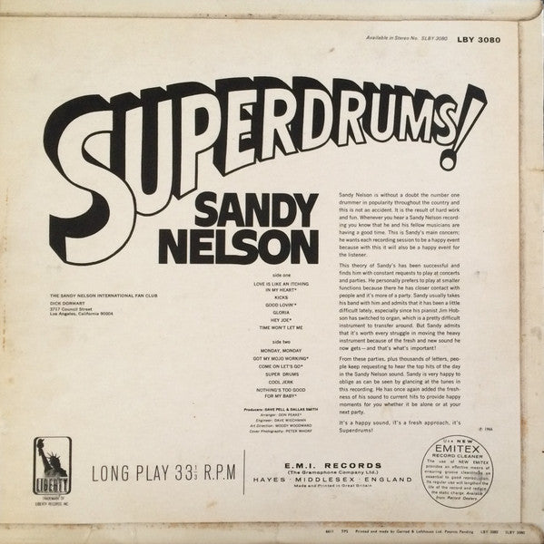 Image of Back Cover of LP - VG/VG - SANDY NELSON, Superdrums! (Liberty; LBY 3080, UK 1966, Laminated Flipback Sleeve, Mono), ,  - 4226329E