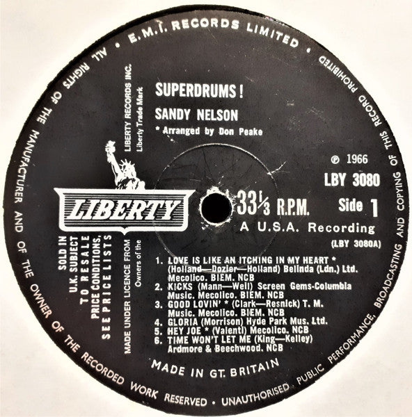 Image of Label Cover of LP - VG/VG - SANDY NELSON, Superdrums! (Liberty; LBY 3080, UK 1966, Laminated Flipback Sleeve, Mono), ,  - 4226329E