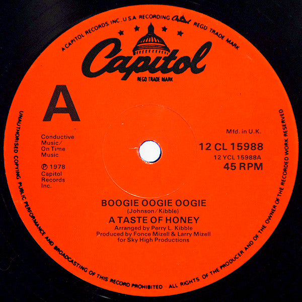 Image of Label Cover of LP - VG/VG - A TASTE OF HONEY, Boogie Oogie Oogie (Capitol Records; 12 CL 15988, UK 1978), Light hairlines. ,  - 4226331E