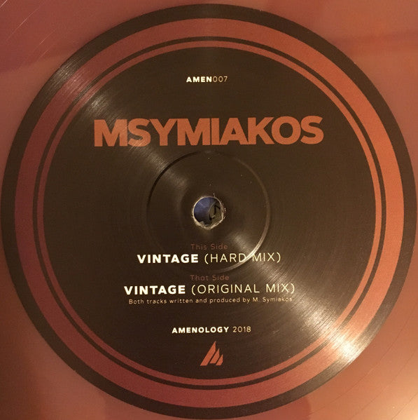 Image of Front Cover of 12" - /VG - MSYMIAKOS, Vintage (Original Mix) / Vintage (Hard Mix) (Amenology; AMEN007, UK 2018, Orange / Purple Marbled), ,  - 4216521C
