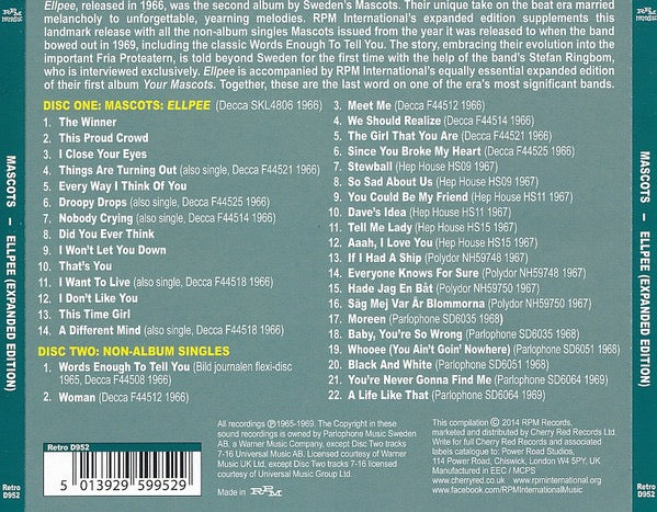 Image of Back Cover of 2xCD - VG+/VG+ - THE MASCOTS, Ellpee [Expanded Edition] (RPM Records; Retro D952, UK 2014 Reissue, Double CD Case), ,  - 4216489C