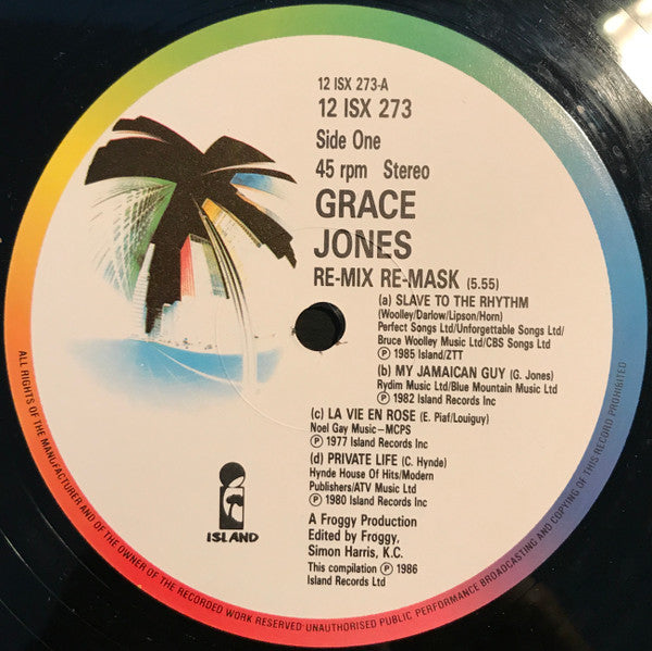 Image of Label Cover of 12" EP - VG+/VG - GRACE JONES, Re-Mix Re-Mask (Island Records; 12 ISX 273, UK 1986), ,  - 4226336E