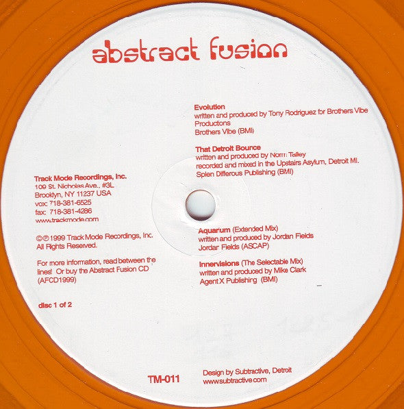 Image of Front Cover of 2xLP - /VG - VARIOUS, Abstract Fusion (Track Mode; TM-011, US 1999, Orange Clear / Blue Clear), , A1 Tony Rodriguez � EvolutionA2 Norm Talley � That Detroit BounceB1 Jordan Fields � Aquarium (Extended Mix)B2 Mike Clark � Innervisions (The Selectable Mix)C1 Frankie Valentine � Pescara Blues (Guitar Version)C2 Chris Energy � Untitled Track (Version 1)D1 Chris Energy � Untitled Track (Version 2)D2 Mike Grant & Trackmaster Lou � Electronic Breeze - 4216543C