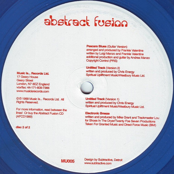 Image of Back Cover of 2xLP - /VG - VARIOUS, Abstract Fusion (Track Mode; TM-011, US 1999, Orange Clear / Blue Clear), , A1 Tony Rodriguez � EvolutionA2 Norm Talley � That Detroit BounceB1 Jordan Fields � Aquarium (Extended Mix)B2 Mike Clark � Innervisions (The Selectable Mix)C1 Frankie Valentine � Pescara Blues (Guitar Version)C2 Chris Energy � Untitled Track (Version 1)D1 Chris Energy � Untitled Track (Version 2)D2 Mike Grant & Trackmaster Lou � Electronic Breeze - 4216543C