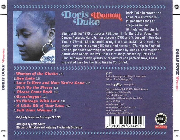 Image of Back Cover of CD - VG+/VG+ - DORIS DUKE, Woman (Shout! Records; SHOUT 42, UK 2008 Reissue, Jewel Case), ,  - 4216582C
