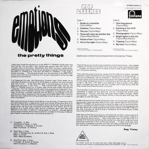 Image of Back Cover of LP - VG/VG+ - THE PRETTY THINGS, Emotions (Madfish; SMALP 1012, UK 2015 Reissue, 2015 Madfish Reissue In A 1978 Fontana Sleeve), Edge Wear, Sticker Damage,  - 4246439S