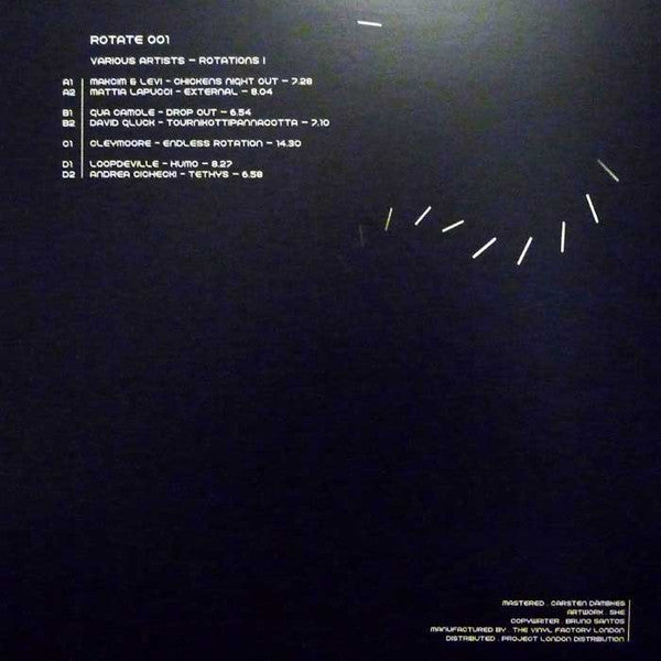 Image of Back Cover of 2x12" - VG/G - VARIOUS, Rotations I (Rotate; ROTATE001, UK 2016, Picture Sleeve), Records marked and scuffed. Sleeve has some wear, creasing, staining, A1 Makcim & Levi � Chickens Night Out	A2 Mattia Lapucci � ExternalB1 Gua Camole � Drop OutB2 David Gluck � Tournikottipannacotta	C Cleymoore � Endless RotationD1 Loopdeville � HumoD2 Andrea Cichecki � Tethys - 4216590C