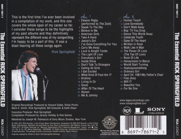 Image of Back Cover of CD - EX/EX - RICK SPRINGFIELD, The Essential Rick Springfield (RCA; 88697 78671-2, US 2011, Jewel Case, Booklet), ,  - 4236241E
