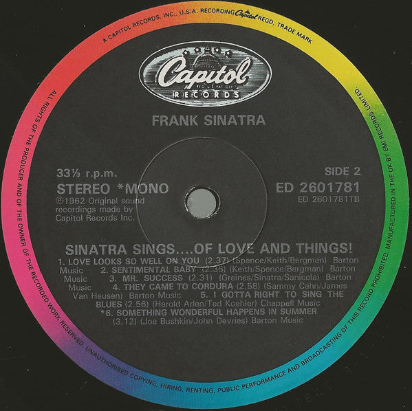 Image of Label Cover of LP - VG/VG+ - FRANK SINATRA, Sinatra Sings...Of Love And Things (Capitol Records; ED 2601781, UK 1984 Reissue), Silver hype stickered sleeve, light edge wear.,  - 4216437C