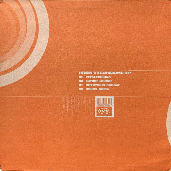 Image of Back Cover of 12" - VG/VG - MIGUEL 'MIGS', Inner Excursions EP (NRK Sound Division; NRK 032, UK 2000, Picture Sleeve), Lighter marks on record. Sleeve has old ripped sticker on front, some wear and light damage at edges, stains and scuffs,  - 4216613C