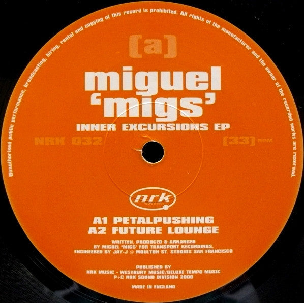 Image of Label Cover of 12" - VG/VG - MIGUEL 'MIGS', Inner Excursions EP (NRK Sound Division; NRK 032, UK 2000, Picture Sleeve), Lighter marks on record. Sleeve has old ripped sticker on front, some wear and light damage at edges, stains and scuffs,  - 4216613C